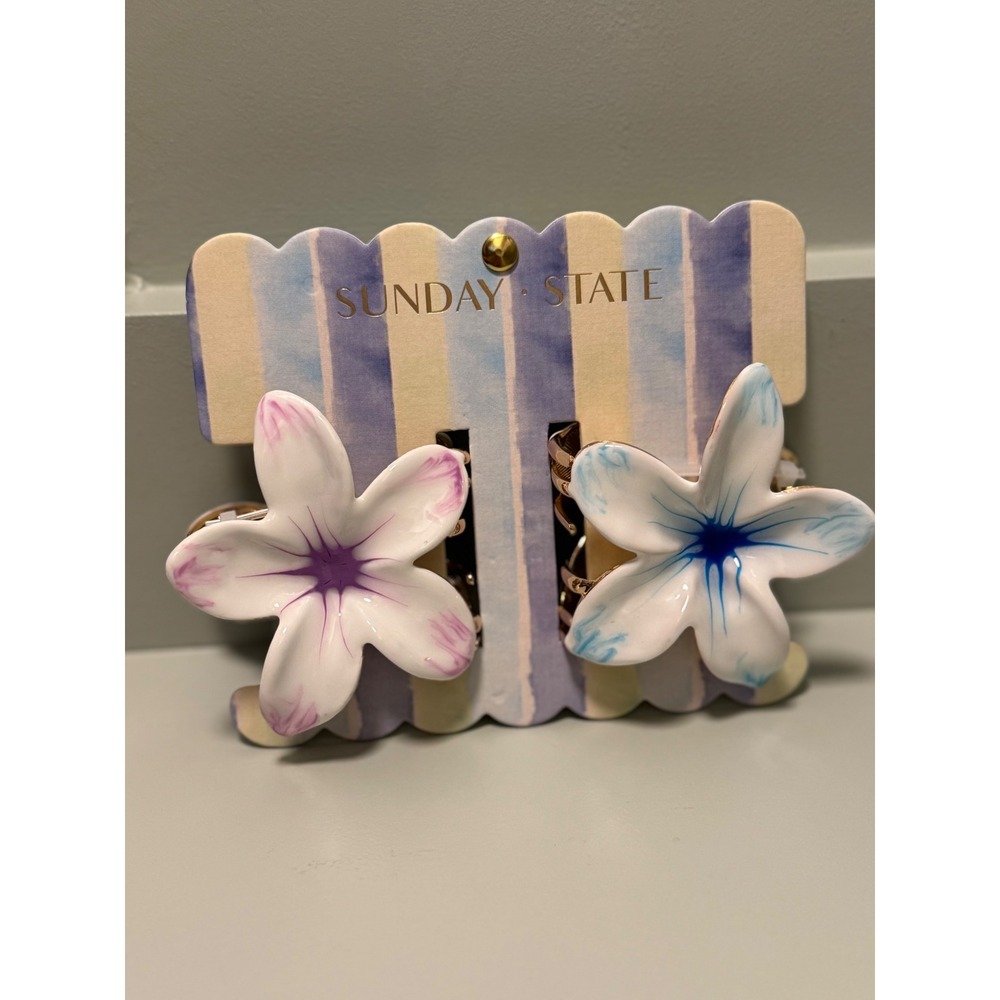 Sunday State Floral Hair Claw Clips Set White Purple Blue Plumeria Flower 2pc